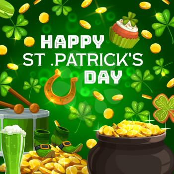 Irish national holiday celebrated at spring, happy Patricks day lettering and holiday signs. Vector pot of gold leprechauns treasures, horseshoe symbol of luck. Drum and drumsticks, shamrock leaves