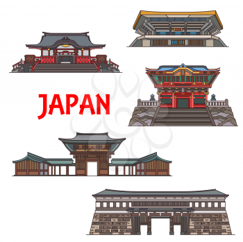 Japanese building of religion and sport icons, Asian travel landmarks vector design. Shinto Meiji Shrine, arena Nippon Budokan and Otemon Gate of the Kochi Castle, Hanazono and Kunozan Toshogu Shrines