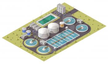 Wastewater or sewage treatment plant, water purification facilities and pumping station equipment isometric design. 3d vector icon of filtration tank, storage and cleaning reservoirs with pipes