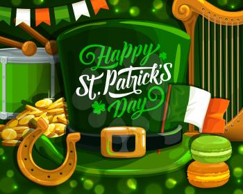 St Patrick Day shamrock and leprechaun hat, Irish religion holiday vector design. Gold coins, green leaf of clover and horseshoe, flag of Ireland, celtic elf hat and harp, drum, macaron, bunting
