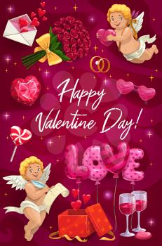 Happy Valentines day lettering and symbols of love. Vector cupids with hearts and scroll, bouquet of rose flowers and engagement ring, air balloons. Pair glasses of wine, open gift box and lollipop