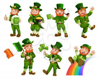 Leprechauns in green costumes and hat isolated cartoon characters. Vector Irish bearded gnome with mug of beer, pot of gold and flag of Ireland. Midget riding on rainbow, Patricks day shamrock symbol