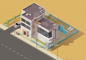 House isometric icon with 3d building, garden and exterior, real estate vector design. City or village home with road, car and flat roof, pool, trees and grass lawn on backyard, entrance door, windows