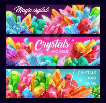 Gemstone, crystal and mineral rock vector banners of magic gems, precious stones and jewels. Pink quartz, diamond and amethyst, opal, emerald and sapphire, glass, citrine and topaz, geology themes