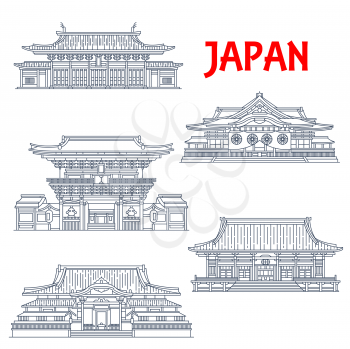 Japanese travel landmark vector icons. Shingon Buddhist temple Gokoku-ji, Imperial Shrine of Yasukuni and Zen Buddhist Sengaku-ji Temple, Kanda Myojin Shrine and Confucian temple Yushima Seido