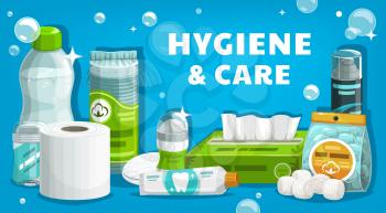 Hygiene and health care, man and woman personal daily use products vector poster. Toilet paper, shampoo and shower gel, toothpaste and mouthwash, facial cosmetic cotton pads and shaving foam