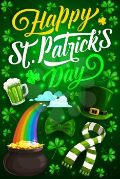 Happy St Patrick Day vector design of Irish holiday shamrock, leprechaun gold and hat. Green beer, lucky leaves of clover and celtic elf pot with golden coins, treasure cauldron on rainbow and bow tie