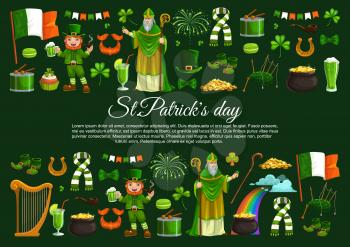 St Patrick, shamrocks and leprechauns with gold vector banner. Religious holiday green beer mugs, Irish flags and pots of golden coin, clover leaves, hat and lucky horseshoes, elf treasure and rainbow