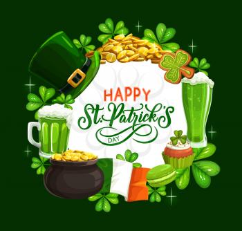 St. Patricks Day shamrock, leprechaun hat, gold and green beer vector design. Irish religious holiday greeting card with clover leaves, golden coins pot, Ireland flag and celtic elf treasure cauldron