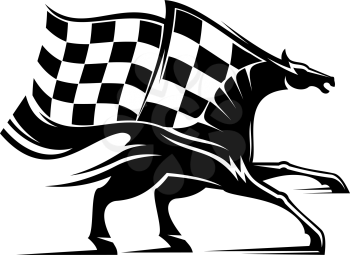 Racing sport mascot isolated horse and checkered flag. Vector equestrian races, monochrome mustang stallion