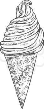 Ice cream in waffle cone isolated hand drawn sketch. Vector whipped sundae dessert, frozen gelato