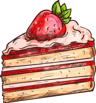 Piece of cake with cream and strawberry isolated dessert. Vector creamy biscuit sketch, birthday pie