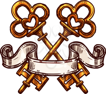 Vintage golden key with paper scroll isolated sketch. Vector heraldic key wrapped by ribbon