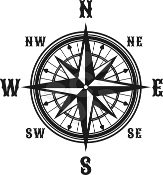 Navigation marine compass or Wind Rose vector icon. Isolated symbols of nautical retro navigator compass with winds names of East, West, North and South arrows for ship travel design