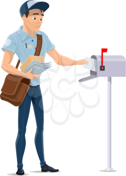 Mailman delivering letters, putting envelopes into postbox vector cartoon postman isolated vector