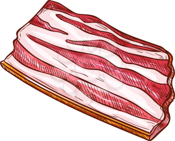 Slice of fresh bacon, pork smoked neck, fat meat piece vector isolated sketch icon