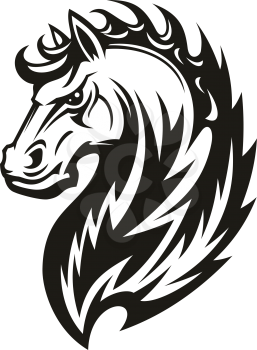 Horse head icon of black tribal animal. Wild mustang stallion or mare with curved neck and ornamental mane for tattoo, horse racing sport mascot or t-shirt print design