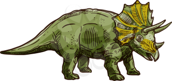Triceratops isolated green dinosaur with horn. Vector dino sketch, T. horridus with epoccipital fringe