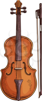 Italian viola isolated retro musical instrument. Vector wooden violin with bow, cello sketch