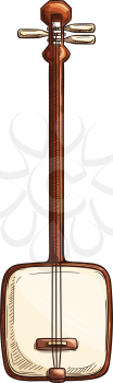 Japanese shamisen musical instrument isolated sketch. Vector three stringed guitar with bachi