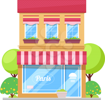 Paris restaurant building isolated french bar facade. Vector cafe in France, parisian bistro