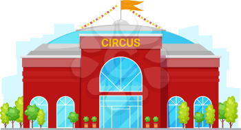 Big top circus building isolated facade with trees. Vector modern architecture construction, entertainment house