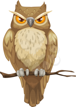 Owl on branch icon, Halloween creature isolated vector. Wild bird, angry predator