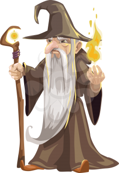 Wizard icon, Halloween character isolated vector. Elderly man with scepter and flame