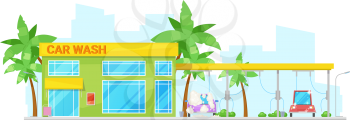 Car wash building isolated exterior design. Vector automatic carwash services, shop and trees