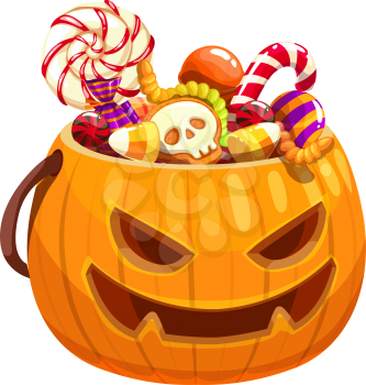 Halloween pumpkin basket full of candies and treats isolated. Vector jack-o-lantern bag with sweets