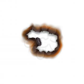 Paper sheet damaged by fire isolated burnt hole. Burnt hole in sheet of paper isolated damaged by fire surface. Vector torn page with brown ash
