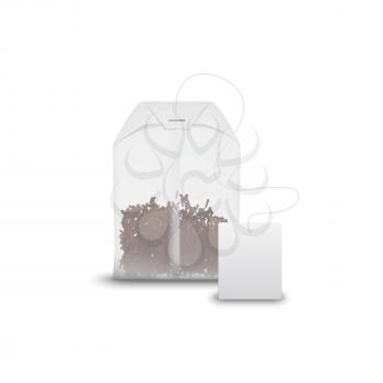 Tea bag with black tea in transparent package isolated. Vector teabag and blank tag mockup