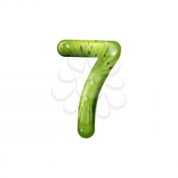 Seven digit made of kiwi with seeds and water drops isolated 7 number figure. Vector food font of kiwi