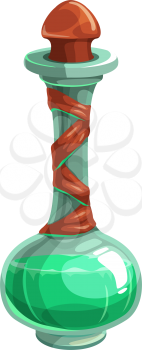 Green potion in flask isolated Halloween jar. Vector poison mixture, creepy Halloween drink