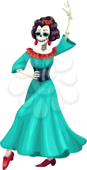 Woman skeleton in blue dress with roses isolated dancer. Vector catrina calavera skull, Day of Dead