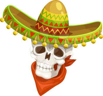 Mexican skull in sombrero hat and red neckerchief isolated. Vector Cinco de Mayo day of dead symbol