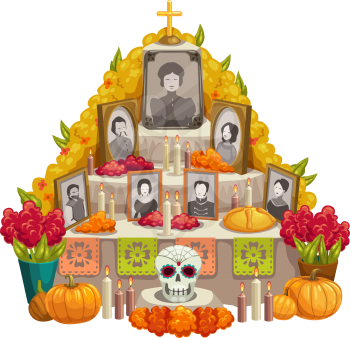 Dia de los muertos altar with offerings to Day of Dead isolated. Vector family photos, pumpkins and flowers
