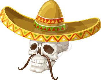 Skull in sombrero hat isolated skeleton head with mustaches. Vector Dia de los Muertos symbol