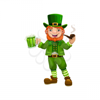 Leprechaun in green costume and hat isolated. Vector Irish bearded gnome with beer smoking pipe
