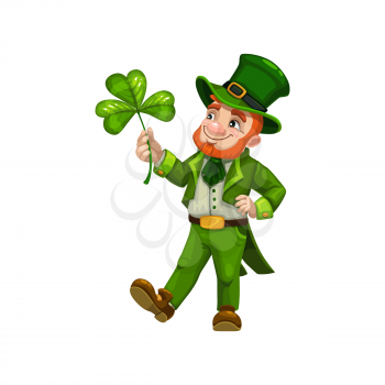 Man cartoon leprechaun with clover symbol of luck isolated. Vector bearded Irish, Saint Patrick