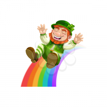 Happy leprechaun sliding down rainbow isolated. Vector smiling elf in green hat and suit