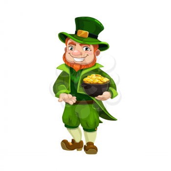 Irish leprechaun isolated gnome with pot of gold. Vector Saint Patricks treasures, golden coins