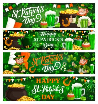 St Patricks Day vector banners of Irish holiday leprechauns and green clovers. Shamrock leaves, hats and pots with gold, celtic lucky coins and horseshoes, beer and flags of Ireland