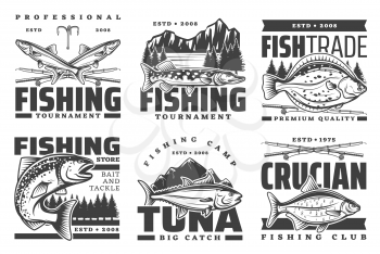 Fishing club, fisherman tournament camp and big fish catch tours icons. Vector river pike, crucian, sea salmon or flounder and ocean tuna fishing, fisher equipment lures, tackles and baits