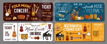 Live music concert event tickets templates. Vector classic orchestra, folk acoustic concert and jazz sound band festival tickets with African and Japanese music instruments piano, violin and drums