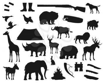 Hunt icons, wild animals and birds, hunter ammo equipment silhouettes. Vector deer, elk and bear, African safari hunt lion and elephant, rhinoceros, giraffe and boar, ducks and hunter rifle guns