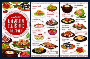 Korean cuisine restaurant menu, Korea authentic food dishes. Vector Korean seaweed salad, pork ribs in soy sauce and Korean bibimpab pot, BBQ beef bulgogi, fried shrimp with spinach and desserts
