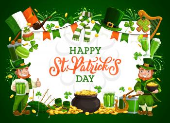 St Patrick leprechauns with green shamrock, beer and pot of gold vector design of Irish holiday. Clover leaves, golden coins and horseshoe, red bearded celtic elves with hat, Ireland flag and drum