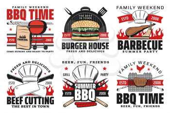 Barbecue summer party, summer holiday picnic and cookout icons. Vector BBQ charcoal grill meat steaks and hot dogs, burgers and steak house signs, chef cutlery hatchet knife and fork