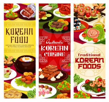 Korean cuisine menu, South Korea oriental, restaurant, traditional food dishes. Vector Korean ramen, soba or udon noodles, meat and rice, dumplings and salads, bulgogi soup and seafood kimbap rolls